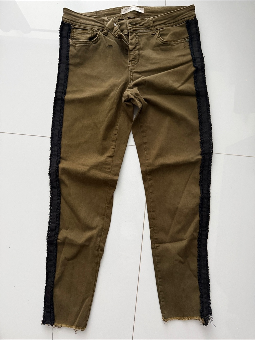 Zara Olive Skinny Jeans with Black Side Trim